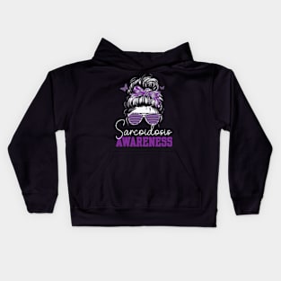 Messy Hair Bun Purple Ribbon Butterfly Sarcoidosis Awareness Kids Hoodie